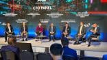 From left: University of Cambridge professor of engineering Steven Barrett moderates a panel comprised of Boeing CTO Todd Citron, Airbus CTO Sabine Klauke, GE Aerospace chief engineer Chris Lorence, Rolls-Royce group director engineering, technology and safety Simon Burr, RTX CTO Juan M. de Bedout and Safran EVP strategy and CTO Eric Dalbiès.